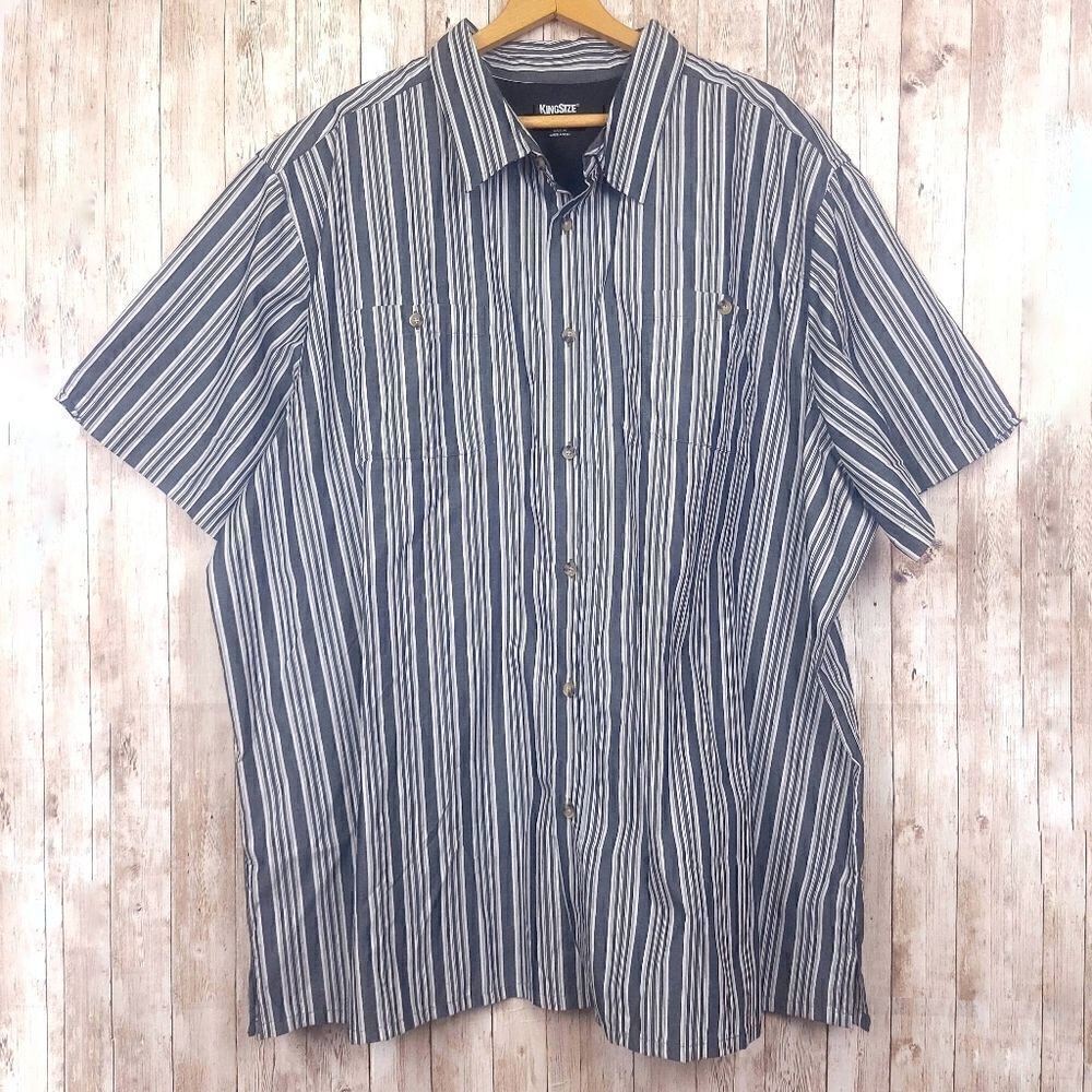 King Size Gray White Striped Short Sleeve Button Down Shirt Size 3XL